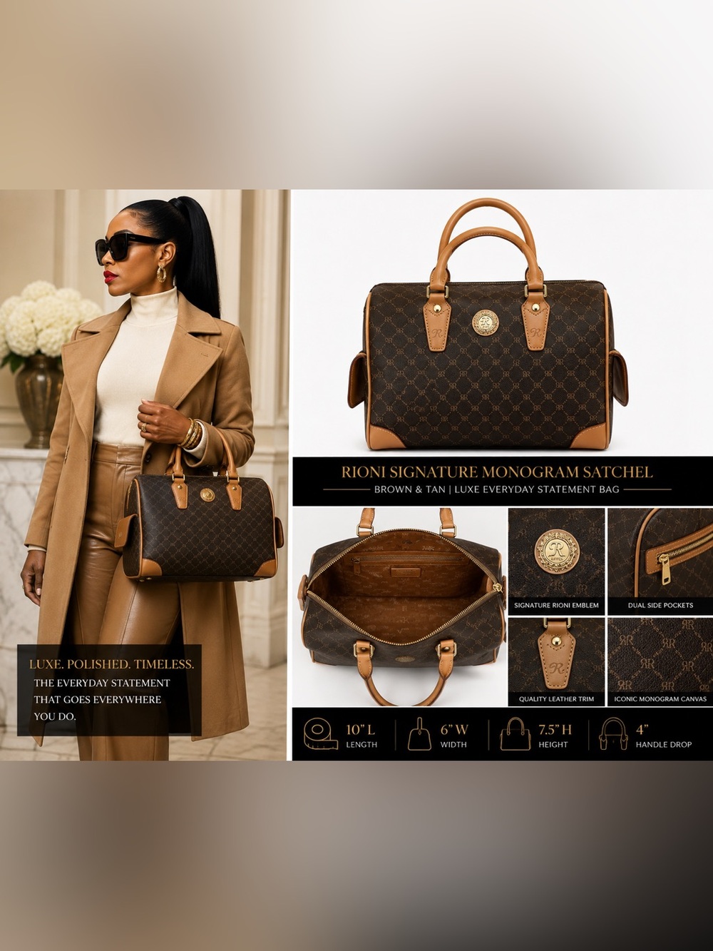 👜 Rioni Signature Brown Boston 25 Monogram Satchel | Leather Trim ✨